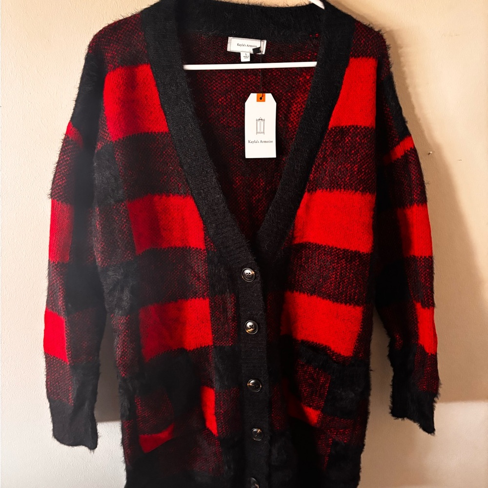 Red and Black Plaid Cardigan